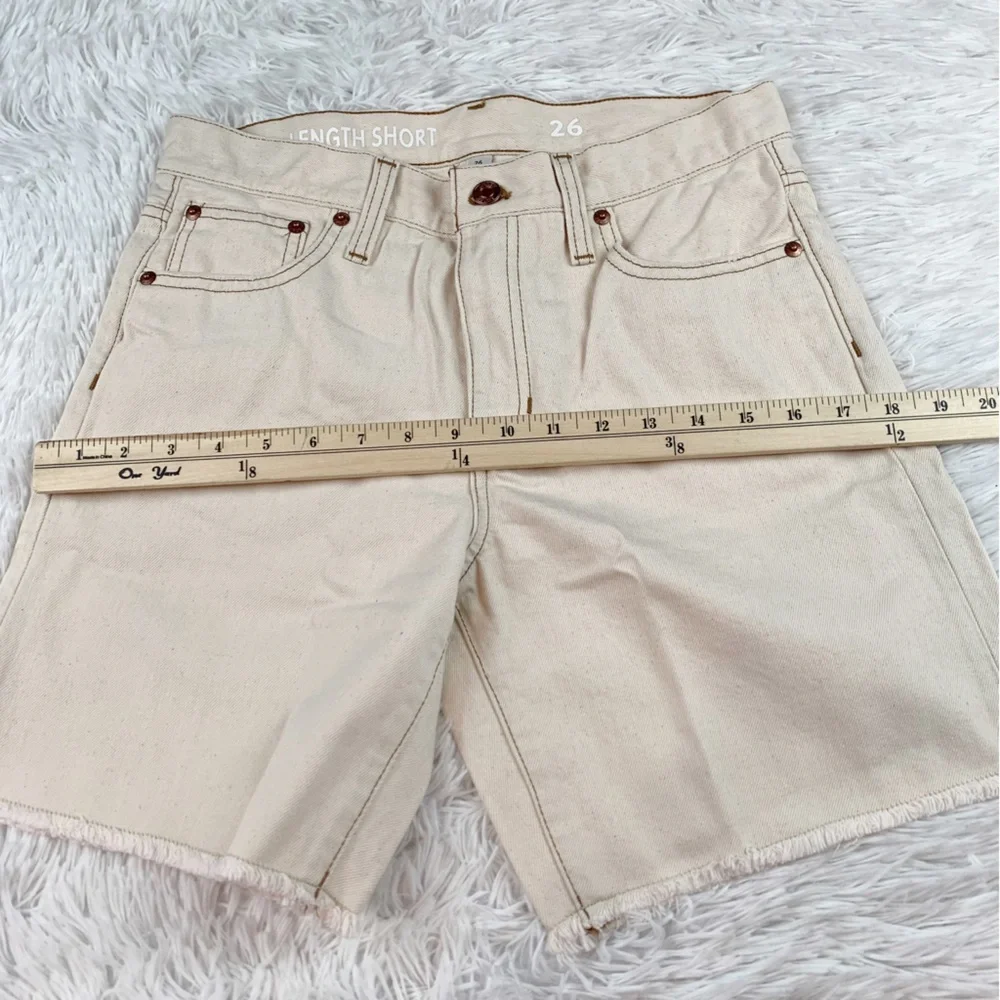 J Crew Hi rise Mid-length denim Bermuda short‎ in ecru frayed hem